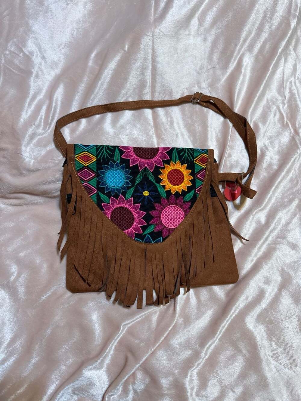 Handmade Mexican Floral Embroidered Suede Fringe Crossbody Bag